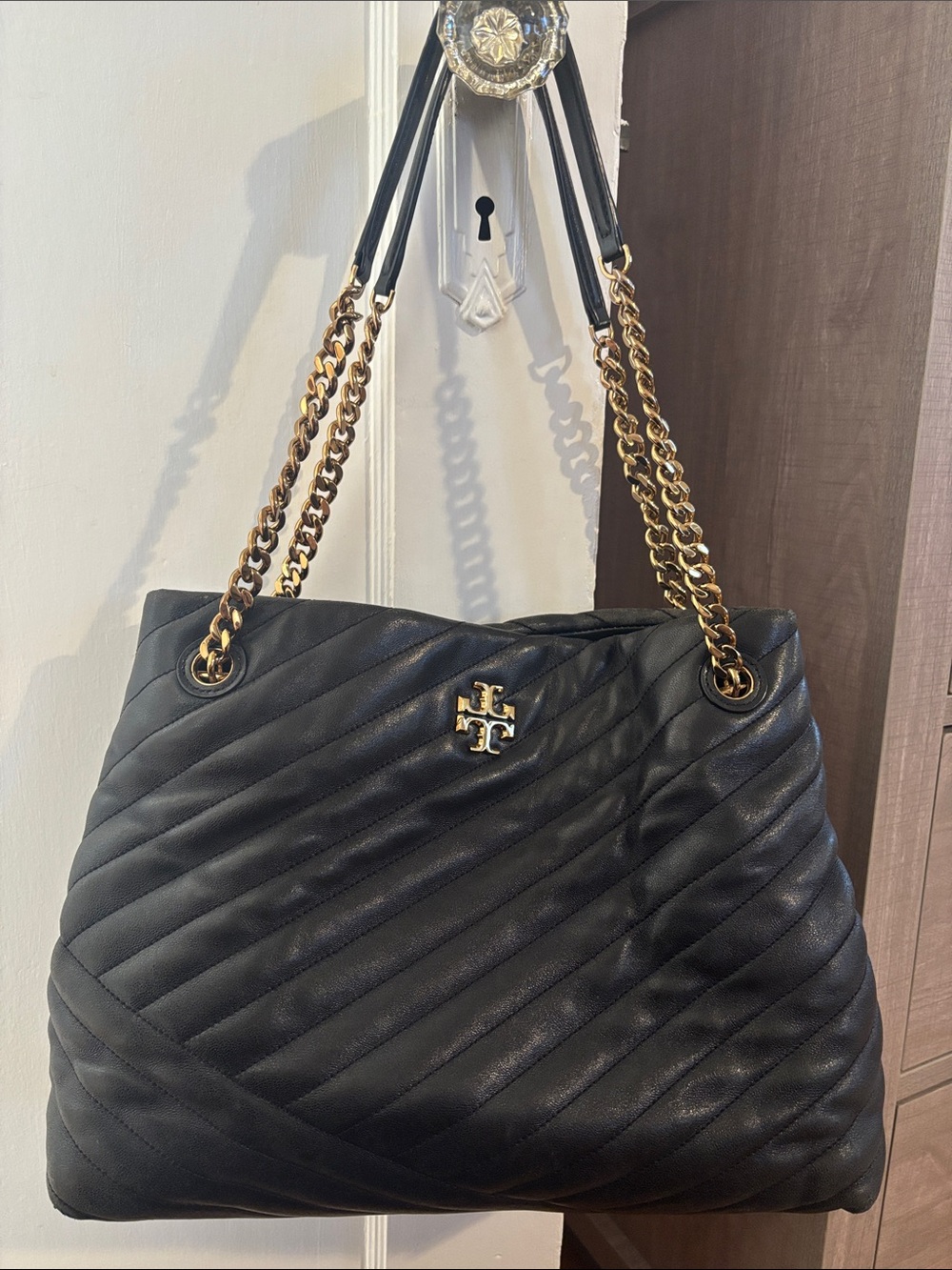 Tory Burch Black Quilted Leather Shoulder Tote with Gold Chain